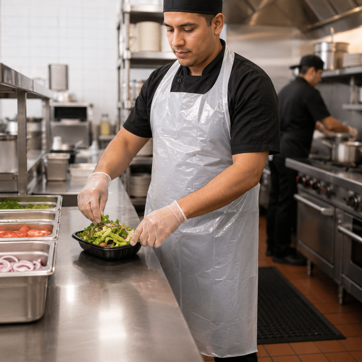 FoodHandler poly aprons – regular and long tie available in both clear and white FoodHandler® Foodservice Aprons